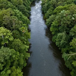 a river crossing a forest aerial perspective
