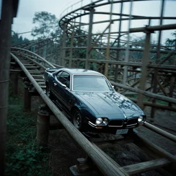a 1 9 6 6 pontiac gto driving on a wooden rollercoaster, eerie feeling, fujifilm quicksnap 4 0 0 photography