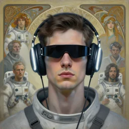 future coder man looking on, sleek cyclops display over eyes and sleek bright headphoneset, neon accent lights, desaturated headshot portrait painting by jacek malczewski, rhads, john berkey, tom whalen, alex grey, alphonse mucha, donoto giancola, astronaut cyberpunk electric fashion photography