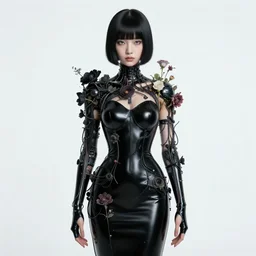 dark android girl wearing black latex dress, a lot of flowers and wires on body, by francis bacon, by ayami kojima, by amano, by karol bak, greg hildebrandt, by mark brooks, by alex grey, by zdzisław beksinski, by takato yamamoto, radiant colors, ultra detailed, high resolution, wrapped thermal background