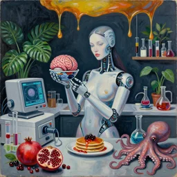 dark kitchen of an art student, sensual portrait of a female transhuman robot holding a brain, japanese pottery, digital medical equipment, tropical houseplants, test tubes, honey dripping from ceiling, berries dripping juice, pancakes, pomegranate, berries, octopus, scientific glassware, neo - expressionism, surrealism, acrylic and spray paint and oilstick on canvas