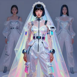an ukiyo e portrait of a beautiful japanese girl detailed features wearing a futuristic wedding dress brights, utility chic, sheer fabrics, zippers, belts & velcro galore, big techno watches, cargo pants, designed by balenciaga by cgi rtx hdr painting bioluminance alena aenami artworks in 4 k by jesper ejsing, feng zhu and loish beep