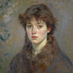claude monet! portrait, lady!! looking at us! brown fuzzy hair!