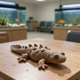 plasticine model of [ newt ] figures clay. bubbles. weird. surreal. strange. tilt shift. tank. fish tank in waiting room. photorealistic.