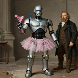 ed 2 0 9 urban pacification war robot from robocop wearing a tutu and holding a pink martini. by gustave courbet and carl spitzweg