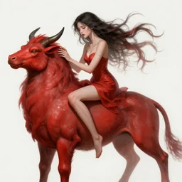 woman loves and sit upon a scarlet coloured beast, pain, light effect, hyper detailed, intricate, elegant, highly detailed, digital painting, artstation, concept art, matte, sharp focus, illustration, by james jean, andrei riabovitchev, marc simonetti, yoshitaka amano