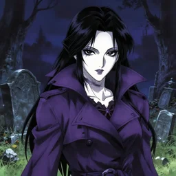full portrait of beautiful necromancer woman in the graveyard, face details, purple trench coat, pale skin, black eyes, high fantasy, dnd, highly detailed, manga illustration, by kurone mishima!!