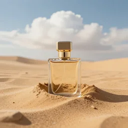 photography perfume bottle buried in the middle of the desert under fluffy cloud i