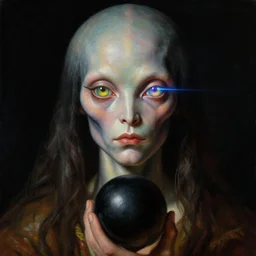 a baroque close - up portrait of a cosmic alien fantasy cyborg shaman god wearing facepaint and a colorful laser eyes, holding a black orb. black background. studio lighting, big eyes. highly detailed science fiction fantasy painting by norman rockwell, moebius, frank frazetta, syd mead, and sandro botticelli. high contrast. renaissance masterpiece. artstation.