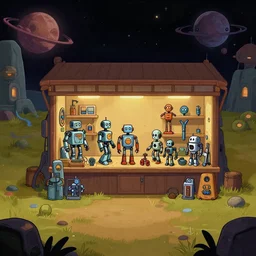 in front of a store selling robots and robot parts, in a remote outpost, on an alien planet, from a space themed point and click 2 d graphic adventure game, set design inspired slightly by ( tomb raider ), art inspired by ( thomas kinkade ) and mark keathley
