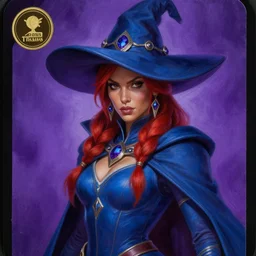 painting of alluring thaumaturge brown woman in the purple void, detailed face, tied red hair, skintight blue tunic, cloak, pointy hat, obsidian accessories, high fantasy, dnd, smooth, sharp focus, award - winning, masterpiece, extremely detailed, intricate, art by rebecca guay, rossdraws, collectible card art