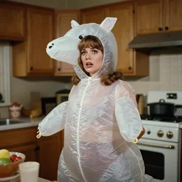 Still from a 1970 film about a beautiful but anxious woman wearing an inflatable animal costume in her kitchen, in the style of John Waters color 1970