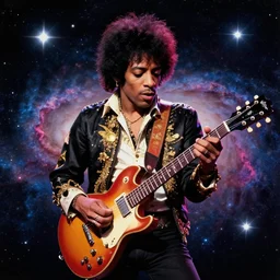 jimi hendrix playing guitar, galaxy, stars, nebula, synthwave