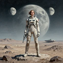 by frank gehry, by alexandre calame slenderman lifelike, precise. land art. a beatiful illustration of a planet with two moons in the background. in the foreground, there is a woman wearing a spacesuit & holding a phaser. she is standing on a rocky surface, & there is a ship in the distance.