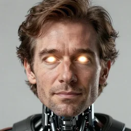 bob ross cyborg. glowing eyes, cel shaded, rotoscope, concept art, octane render, unreal engine 5, highly detailed, high quality, 8 k, soft lighting, realistic face, path traced
