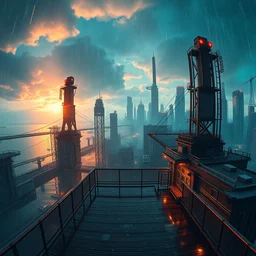 a beautiful detailed rendering of city industrial architecture nature building deck by renzo piano, retrowave fisheye sunlight laser lake liberty city futuristic vaporwave bladerunner 2 0 4 9 rain night apocalyptic sea azeroth synthwave tron hyperrealism myst lightpaint retro biopunk, archdaily, wallpaper, highly detailed, trending on artstation.