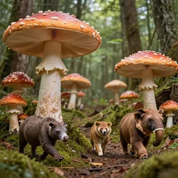 different weird animals are walking in a forest of giant mushrooms, detailed professional photo
