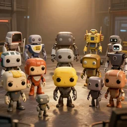 wide view long cinematic shot, various robots from movies as funko pop, warm lighting, photorealistic, realistic, detailed, wimmelbilder, unreal engine 5, octane render, 2 4 mm, 8 k