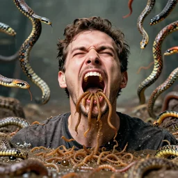 photograph of a man screaming with a flood of maggots coming out of his mouth, an orgy of colorful snakes i. the background