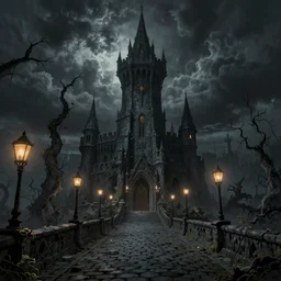 dark elven wizard tower in the underdark, cobble stone paths, lamp posts, in the style of thomas kinkade