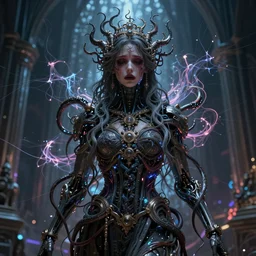 beautiful portrait of the priestess of pain and sorrow, entangled in intricate tendrils, bio-mechanical cathedral, chaotic swirling ferrofluids, occult, octane render, glow, surreal dramatic lighting, intricate details and ornaments, 8k, cinematic, blur, shallow depth of field, neuro web, plasma, neon
