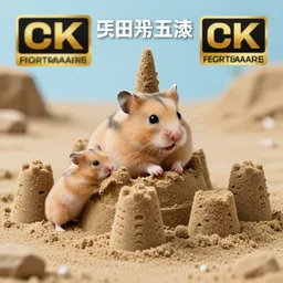 Photo of a hamster making a big sandcastle, highly-detailed 4K award-winning