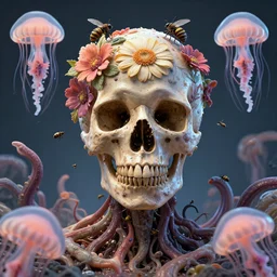 a human Skull mutating into flowers, tentacles, unnatural shapes, surrounded by jellyfish tentacles reaching out, coherent human Skull, insects, chaotic octane render, 3d digital art by beeple, unreal engine 5, award winning,