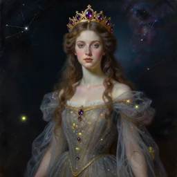 breathtaking detailed soft painting of the night queen of mozart with a golden headpiece, amethyst crown, gauze dress draped of fireflies and constellations and nebulae in the background, rembrandt style, elegant, highly detailed, artstation, concept art, matte, sharp focus, art by tom bagshaw, seb mckinnon and greg rutkowski