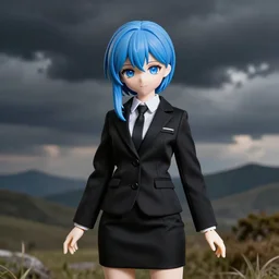 dollfie in black office suit with skirt, blue hair, blue eyes,
