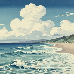 clouds and waves, An aesthetically pleasing, dynamic, energetic, lively, well-designed digital art of a beach, ripples, waves, sea foam, light and shadow, overlaid with aizome patterns, Shin-hanga by Bob Ross, traditional Japanese colors, superior quality, masterpiece