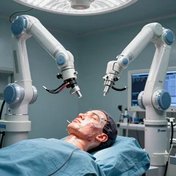 x rays of a face transplant in an operating room with robotic surgeons with a lot of wires , photorealistic,by Wlop,4k resolution