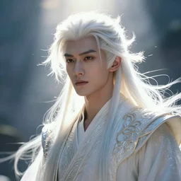 a handsome prince, white fringy hair, backlit, incredible lighting, strong rim light, subsurface scattering, by Heise Jinyao, Heise-Lian Yan Fang, Feimo, Richard Taddei, epic beautiful landscape, highly detailed, god rays, digital painting, HDRI, by Noah Bradley, vivid colors, high contrast, 8k resolution, intricate, photorealistic