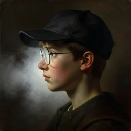 a baroque neoclassicist close - up side profile portrait of a silhouette of retrofuturistic boy with a baseball hat and glasses, glowing fog in the background. renaissance portrait painting. highly detailed science fiction painting by norman rockwell, frank frazetta, and syd mead. rich colors, high contrast, gloomy atmosphere, dark background. trending on artstation