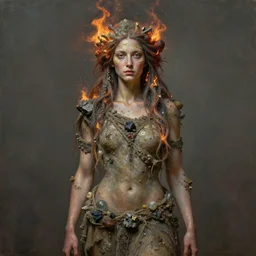 oil portrait | single character | full medium shot | front close - up | dressed in long rags with minerals, fire in your hair, ethereal, biblically accurate goddess, multidimensional, tiny gold embellishments on the face, octane render, devianart, fine art, intrincate. by peter mohrbacher, marc simonetti, anna podedwor