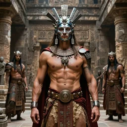 ripped physique immense regal portrait Simon Pegg wearing nanotech headcrest as Xochipilli spirit god interior of tenochtitlan Citadel shamanic god standing around ruan jia greg rutkowski