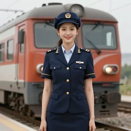 young female train driver, posing with her train, smiling, digital portrait by greg rutkowski, intricate, soft focus, highly detailed, cinematic, epic, artstation
