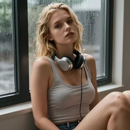 sexy girl with blonde hair, wearing a low cut tanktop, sitting down, leaning against the window, headphones, rainy background, in the style of artgerm