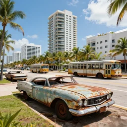 fallout 5, photo of dilapidated miami, tropical coastal city, desolate, dilapidated, some rusted retro futuristic vintage parked vehicles like cars, buses, trucks, trams, sunny weather, few clouds, volumetric lighting, photorealistic, daytime, spring, sharp focus, ultra detailed, 4 0 0 0 k, technicolour 1