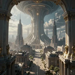vision of a future city, by Rolf Armstrong and Evelyn De Morgan and Bastien Lecouffe-Deharme, dramatic lighting, high contrast colors, baroque, empyrean, panoramic view, as trending on Artstation, highly detailed, doom engine,