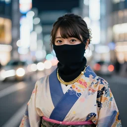 japanese female balaclava face mask with golden necklace and kimono, photo portrait, beautiful female model, tokyo, city neon light, bokeh, long exposure, kodak promax 4 0 0, sony lens