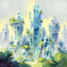 beautiful futuristic crystal architecture with organic shapes, plants growing on it. gouache, limited palette with complementary colors, by award - winning mangaka, backlighting, bold composition, depth of field.
