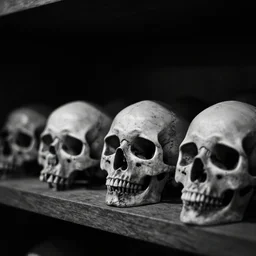 Skulls lying on a shelf. Close Up Shot, Dark Fantasy, Film Noir, Black and White. High Contrast, Mike Mignola, D&D, OSR, Glowing