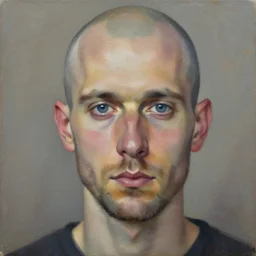 portrait of a bald guy with stubble, blue eyes, by alexandra manukyan, suzy schultz, oil painting, visible brushstrokes