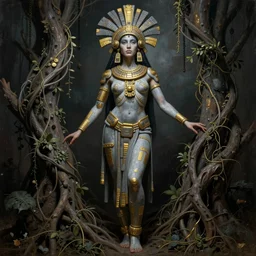 beautiful aztec inca woman full body well proportioned in tunic stands posing among lianas by eddie mendoza hyperrealism cyborgess expressive dramatic symmetrical very very detailed giger beksinski grey and gold