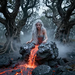 beautiful stone woman, lava flowing, exotic trees, bare bark, dark eyes, low angle mist, high octane, frostbite, 8 k, cinematic, 3 5 mm, h 6 4 0