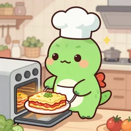 comic cute platypus on a kitchen wearing a chef hat and holding a lasagna into an oven, comic style