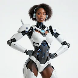 beautiful centered fine art photo portrait of beautiful black girl with white solarpunk mecha humanoid parts with led lights, sexy pudica pose gesture, white background, ultra - realistic and intricate, soft box lighting, shallow depth of field hdr 8 k