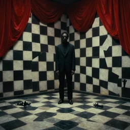 extremely detailed checkerboard movie shot portrait of a dark bizarre figure standing in the corner of a checkerboard checkerboard room by denis villenueve, yves tanguy, lovecraft, roger dean, amano, david lynch, dynamic composition, rich moody colours, red drapes