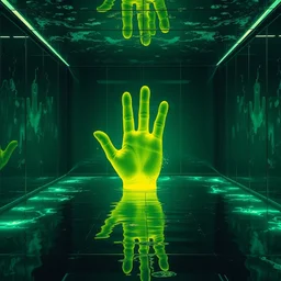 a room of glass, water caustics, the giant hand is inside, euphoria, transcendence!!!!!!!!!, film still from the movie directed by denis villeneuve and david cronenberg with art direction by salvador dali and dr. seuss