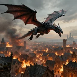 “A black dragon flying over a burning medieval city”